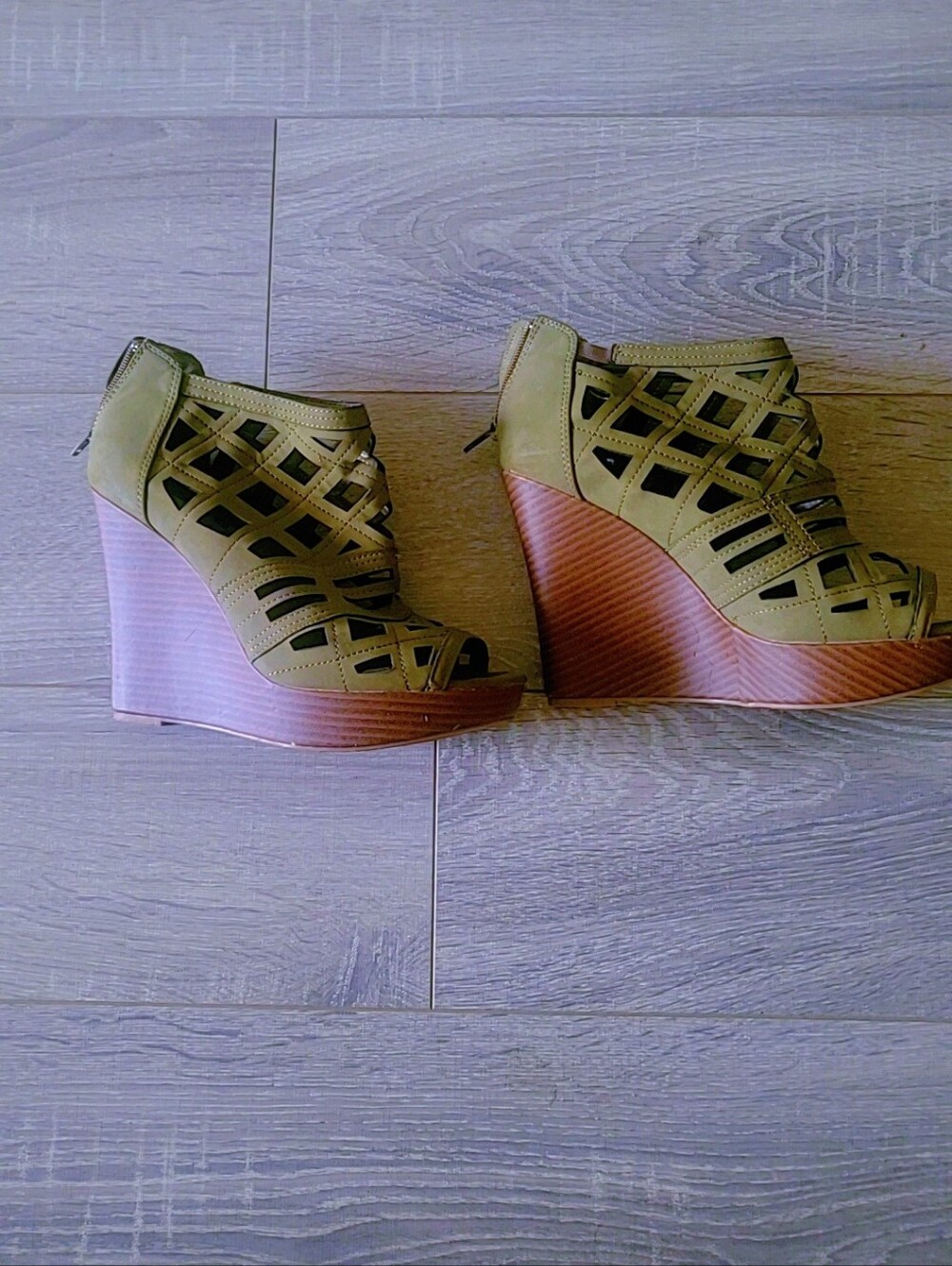 Olive Green Laser-Cut Wedge Sandals with Wood-Effect Platform
